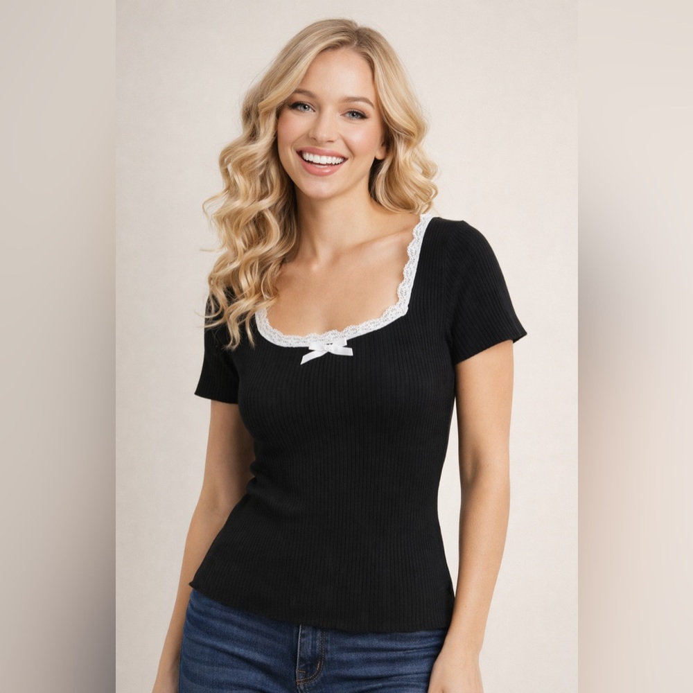 Black Lace Trimmed Women's Top
